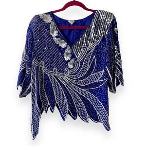 Vintage Royal Blue Pure Silk Beaded Pearl & Silver Sequins V-Neck Retro Blouse